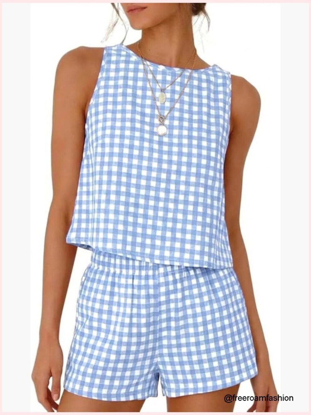 Womens Two Piece Shorts Set Gingham Tank Top Sleeveless Summer Beach Pajama Set